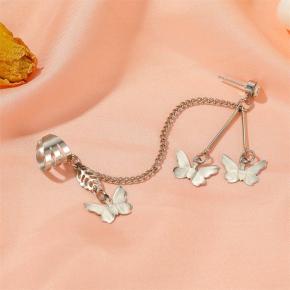 silver Butterfly crystal chain Cuff Earring for single ear - Picture 5 of 9